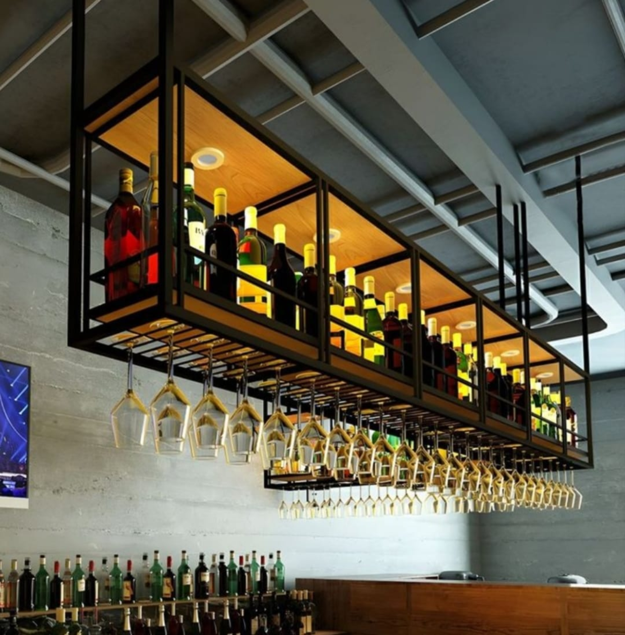 Estrutura metálica suspensa para garrafas e taças